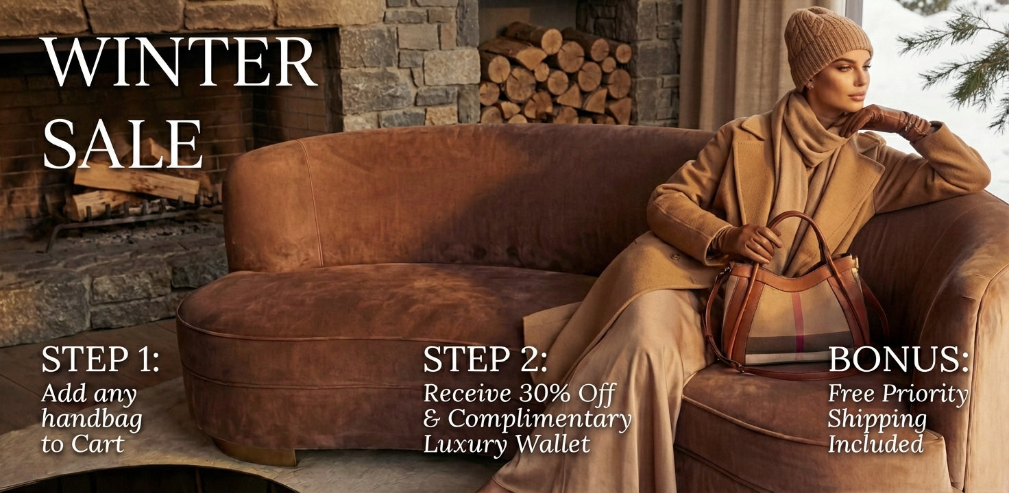 Woman sitting on a brown sofa with a handbag, promotional text for a winter sale and offer details.