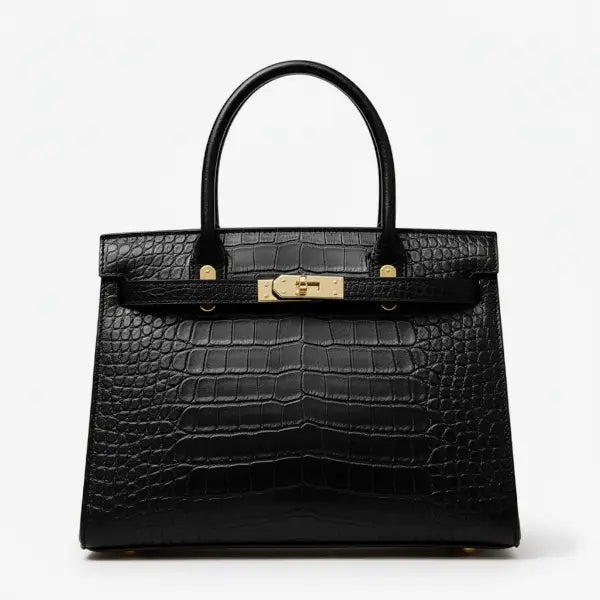 Front view of Adara genuine leather black satchel bag with crocodile texture and gold hardware