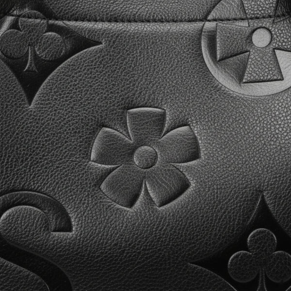 Closeup of Amora embossed vegan leather tote bag in black with floral and geometric embossed patterns