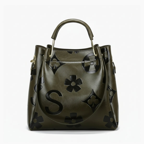Front view of Amora embossed vegan leather tote bag in green with embossed floral patterns and sleek design