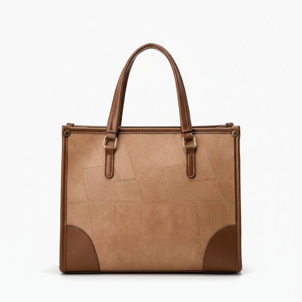 Front view of the Anelisse vegan leather tote bag in brown with a sleek design and contrasting leather details