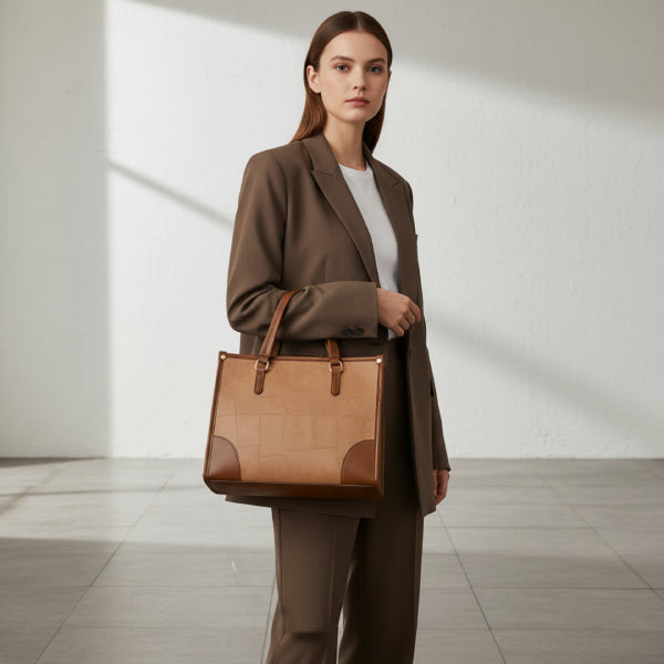 Anelisse vegan leather tote bag in brown worn by model, showcasing a professional and stylish design with gold-tone accents