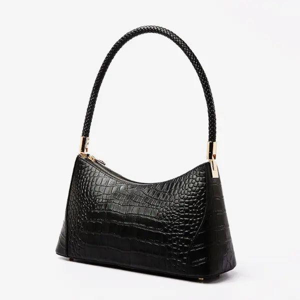 Front view of the black genuine cowhide leather shoulder bag with a sleek design, featuring gold-tone hardware and a classic silhouette