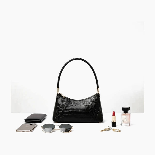 Arlena Genuine Leather Shoulder Bag in black, acessories with complementary accessories, including sunglasses, lipstick