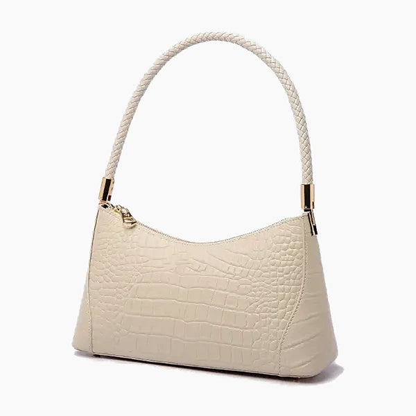 Arlena Genuine Leather Shoulder Bag in off white, front view with a braided handle and smooth leather finish
