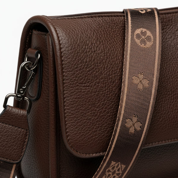 Auralis Genuine Cowhide Crossbody Bag in brown, closeup highlighting pebbled leather, silver hardware, and jacquard logo strap