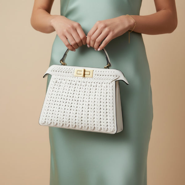 Model holding white woven vegan leather satchel bag with gold clasp and handle, wearing a green dress