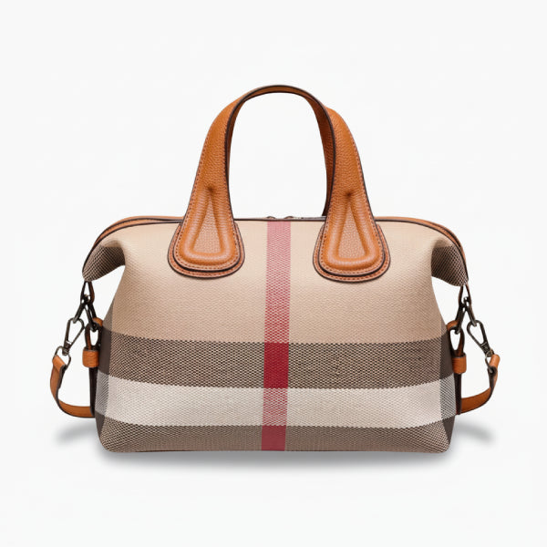 Front view of a brown vegan leather tote bag with a minimalist design, offering both style and practicality