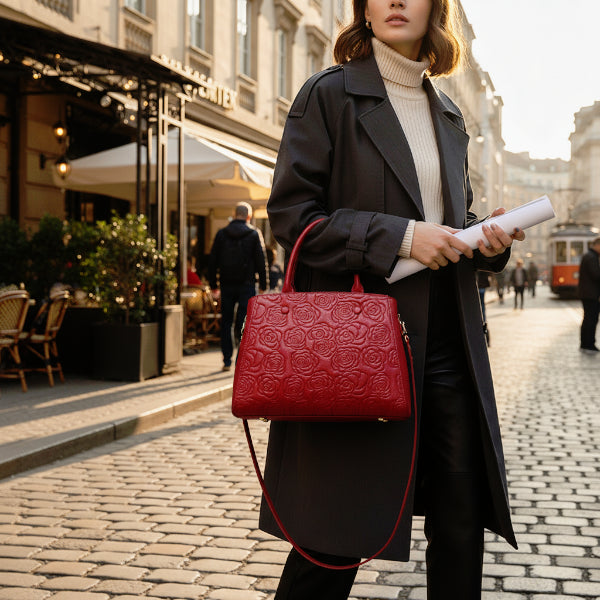 Model holding Azura red leather satchel bag with embossed rose design, styled with a dark coat and white sweater in a city street setting