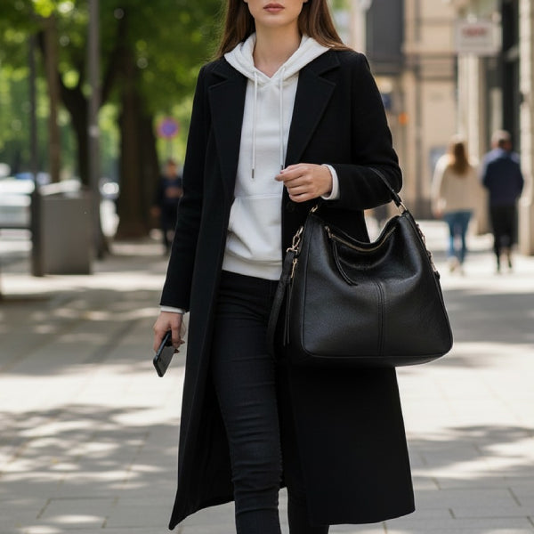 Model wearing a black coat and hoodie carrying a black vegan leather shoulder bag with gold hardware