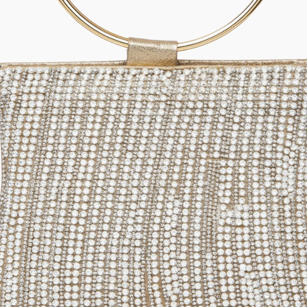 Celestia Rhinestone Crystal Evening Bag in gold, macro closeup of rhinestone pattern and metallic fabric sheen