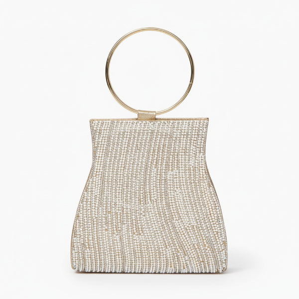 Celestia Rhinestone Crystal Evening Bag in gold, front studio view showcasing sculpted silhouette and round ring handle