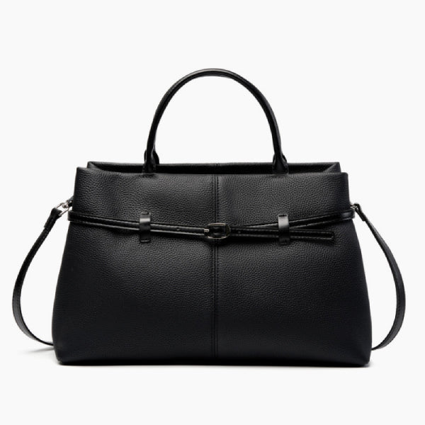 Front view of a black genuine leather tote bag with elegant buckle detailing, perfect for both work and casual settings