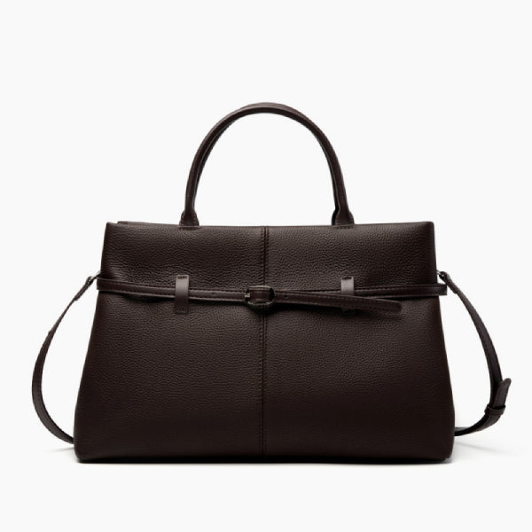 Front view of a brown coffee-colored genuine leather tote bag with a sleek buckle design, perfect for formal and casual occasions