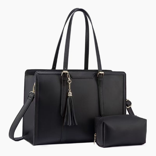 Front view of Clea black polyester tote bag with structured design, gold zippers, and dual handles