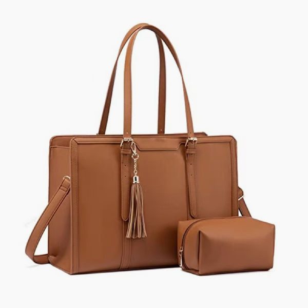 Front view of Clea brown polyester tote bag with gold hardware, tassel accessory, and a matching pouch for storage