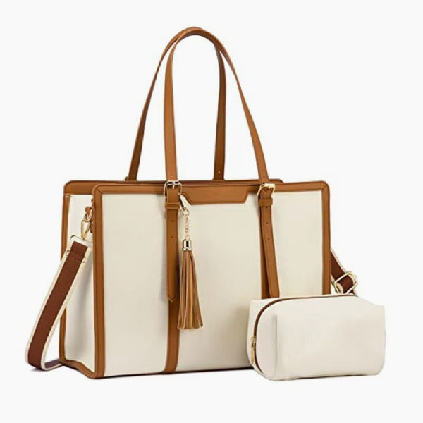 Front view of Clea off-white polyester tote bag with structured design, brown leather accents, gold hardware, and tassel accessory