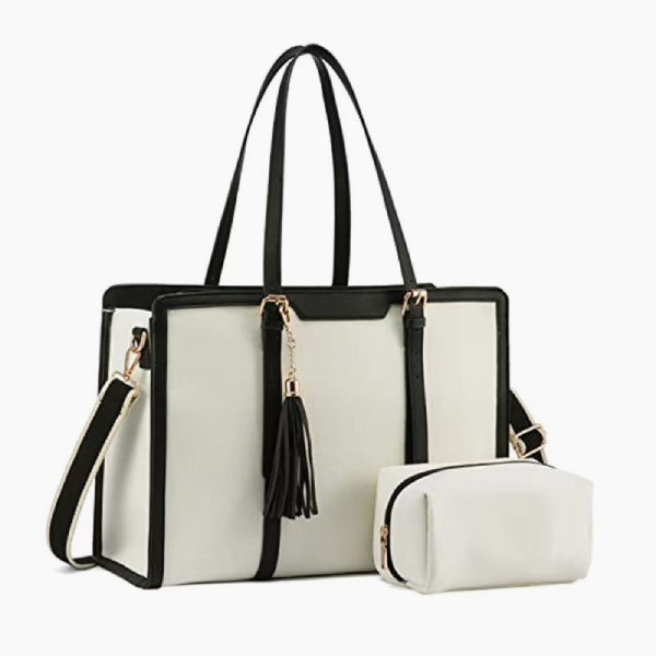 Front view of Clea duo set polyester tote bag in white and black with a matching pouch, gold accents, and tassel detail