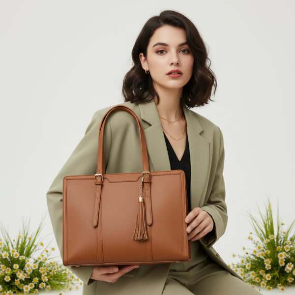 Model carrying Clea brown polyester tote bag with gold accents, dressed in a beige blazer and stylish accessories