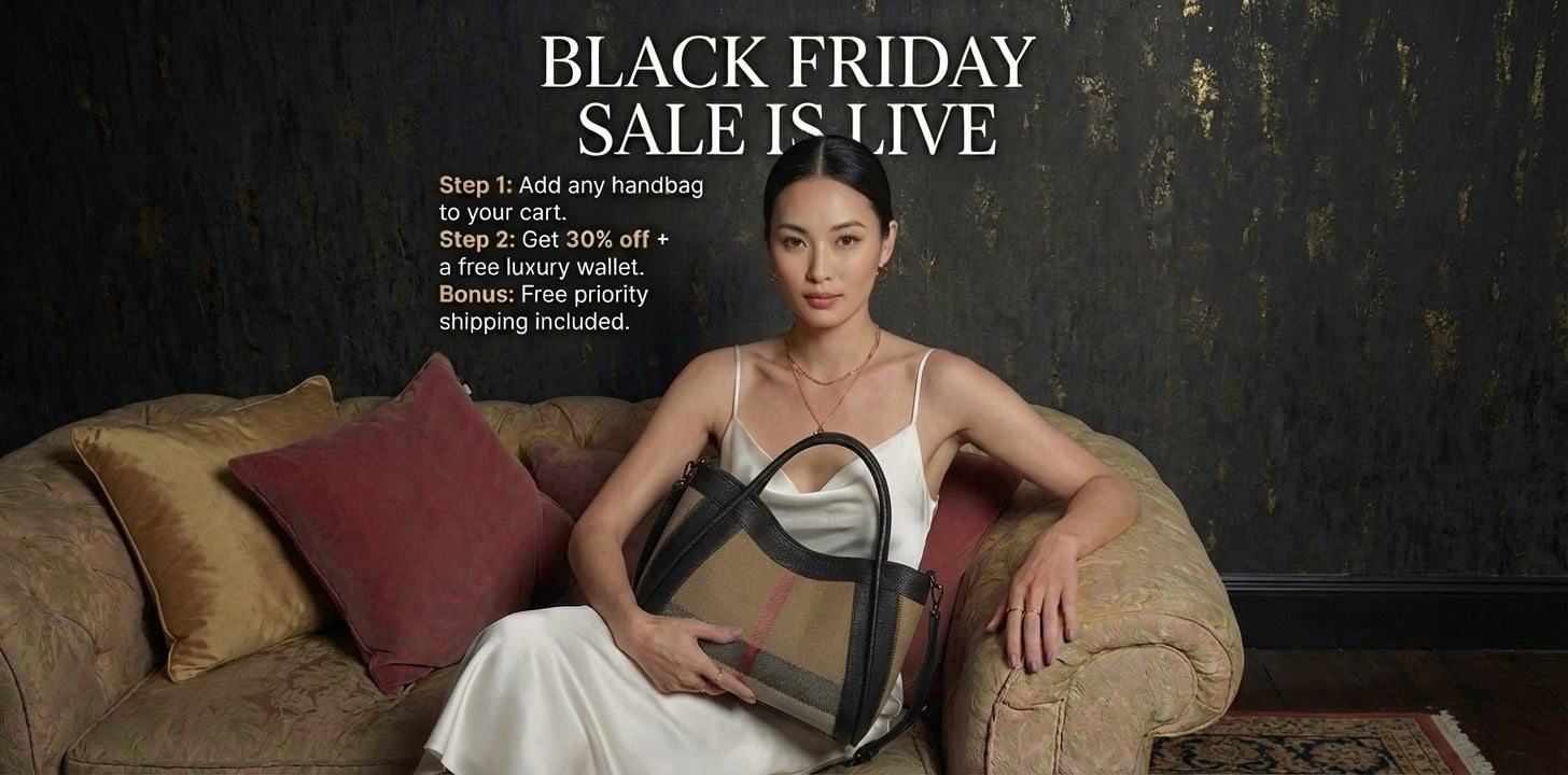 Woman holding a handbag with Black Friday sale text on a dark background