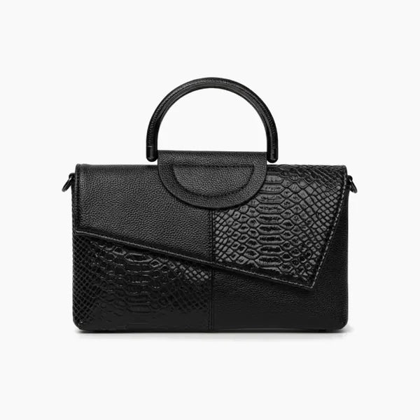 Eloria Genuine Leather Satchel Bag in black, front view with a unique croc-embossed and smooth leather design