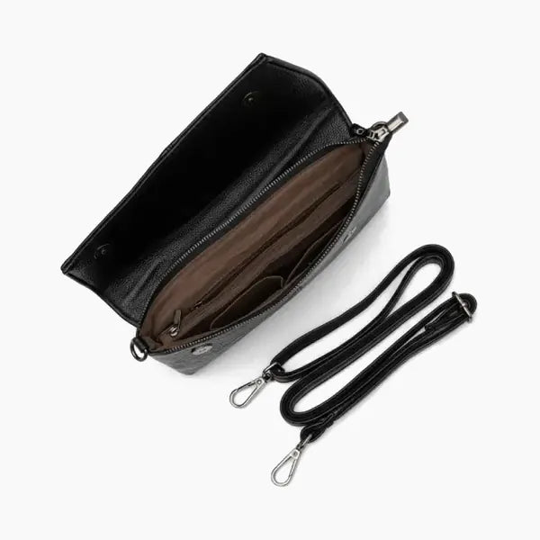 Eloria Genuine Leather Satchel Bag in black, open interior view with a spacious compartment and detachable strap