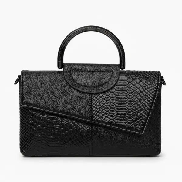 Front view of a black vegan leather satchel bag with a unique croc-embossed and smooth leather design, showcasing its structured shape and top handle