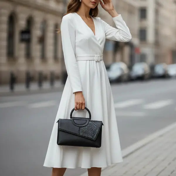 Model wearing a brown coat and holding a black vegan leather satchel bag with a croc-embossed front flap in an urban environment