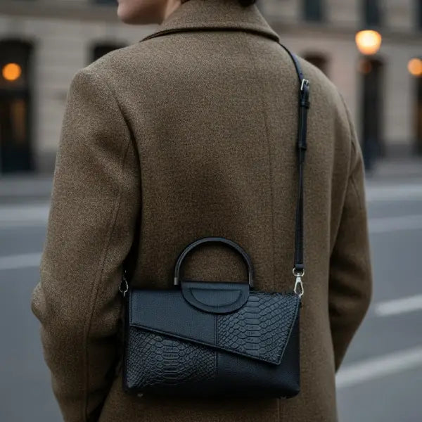 Elegant woman wearing a white dress holding a black vegan leather satchel bag with a structured design and top handle in an urban setting