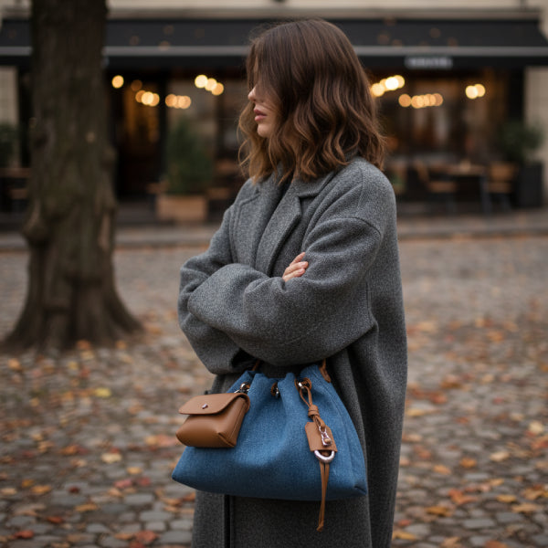 Evelisse Denim Bucket Bag in denim blue, lifestyle street shot with model carrying the bag to show relaxed shape and scale