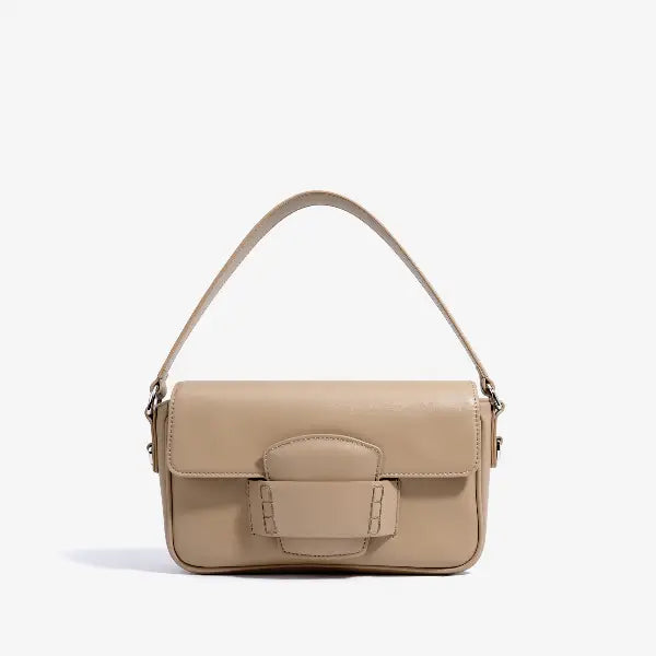 Faelina genuine cowhide shoulder bag in apricot front view with minimalistic buckle design and smooth leather finish