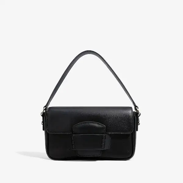 Faelina genuine cowhide shoulder bag in black front view with a minimalistic design and distinctive buckle feature