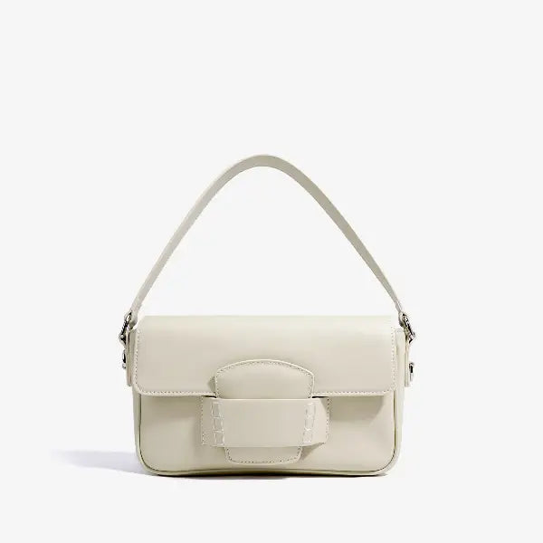 Faelina genuine cowhide shoulder bag in off-white front view with minimalistic design and distinctive buckle feature