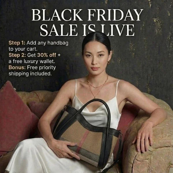 Woman in fur coat holding a handbag with Black Friday sale text overlay