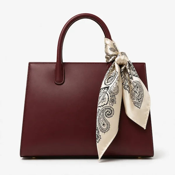 A structured burgundy leather handbag with dual top handles and a cream-colored paisley silk scarf tied in a bow around the handle, shown against a plain light background.