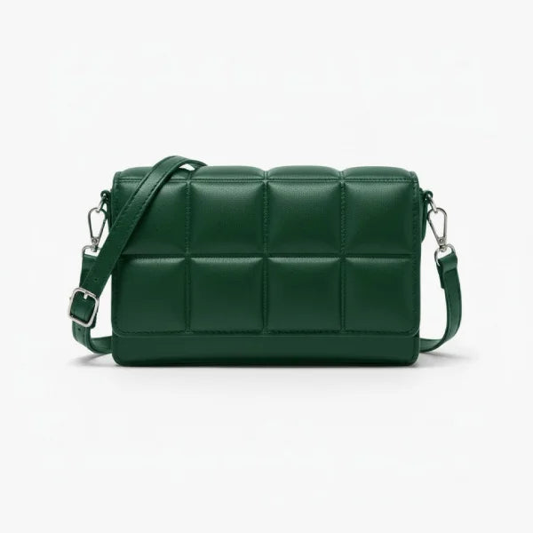 Isla Vegan Leather Crossbody Bag in green, front studio view showcasing padded grid design and adjustable crossbody strap