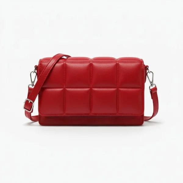 Isla Vegan Leather Crossbody Bag in red, front studio view showcasing quilted square panel design and adjustable crossbody strap