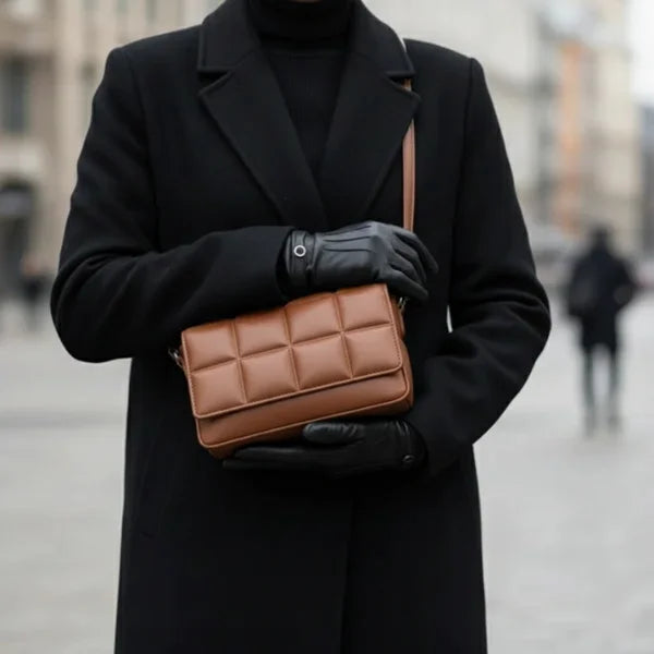 Isla Vegan Leather Crossbody Bag in brown, lifestyle street shot with model holding compact quilted bag for everyday wear