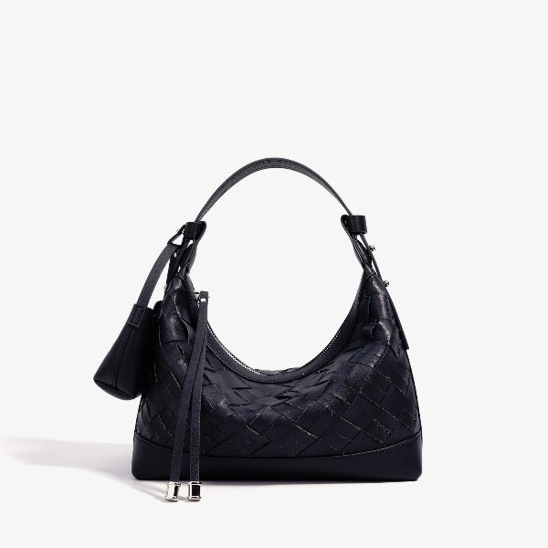 Front view of Ismara genuine leather woven hobo bag in black, with a modern design and woven leather detail