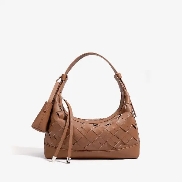 Front view of Ismara genuine leather woven hobo bag in brown, featuring a stylish woven design and sleek finish