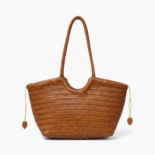 Front view of a brown woven leather tote bag with dual beige drawstrings