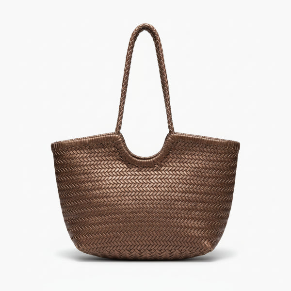 Front view of a coffee woven leather tote bag with dual beige drawstrings