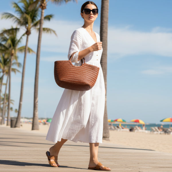 Woman walking on the beach wearing a white dress and carrying a brown woven leather tote bag