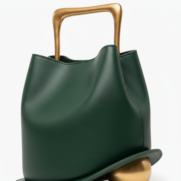 Izelia Genuine Leather Crossbody Bag in green, closeup highlighting smooth leather and sculptural square gold handle