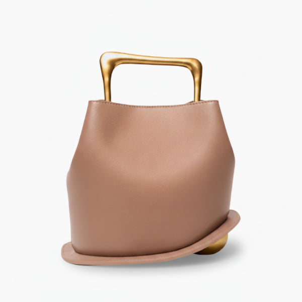 Izelia Genuine Leather Crossbody Bag in apricot, front studio view showcasing minimalist curved silhouette with bold metal top handle