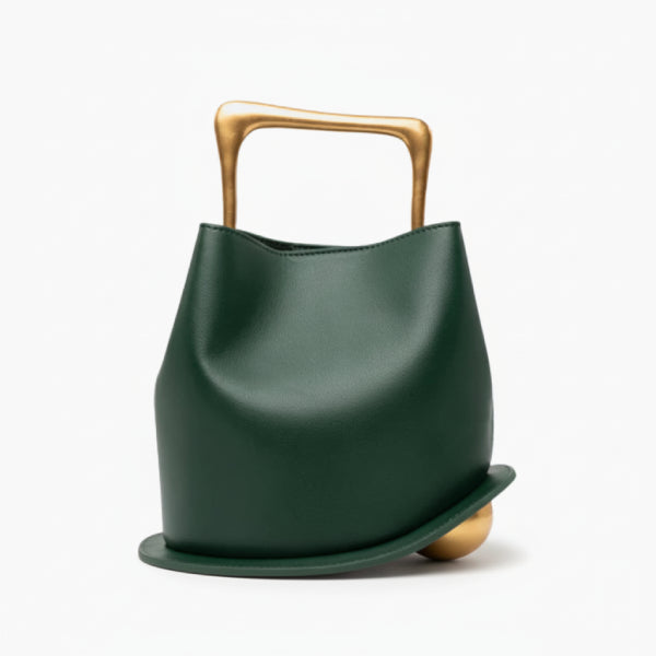 Izelia Genuine Leather Crossbody Bag in green, front studio view showcasing minimalist curved silhouette with bold metal top handle