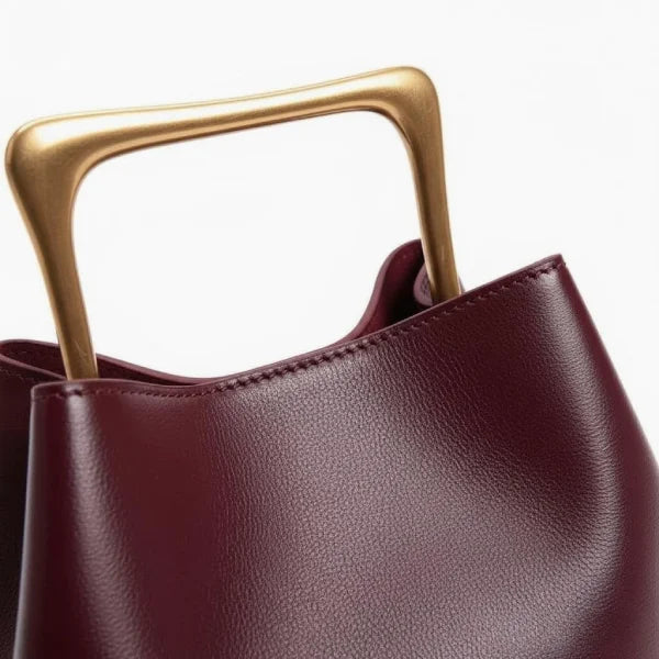 Close-up of a Wine Red Izelia top grain leather crossbody bag with gold handle on a white background
