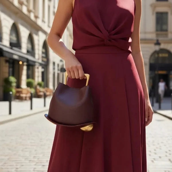 Woman in a Wine Red dress holding a matching Wine red Izelia top grain leather crossbody bag on a city street