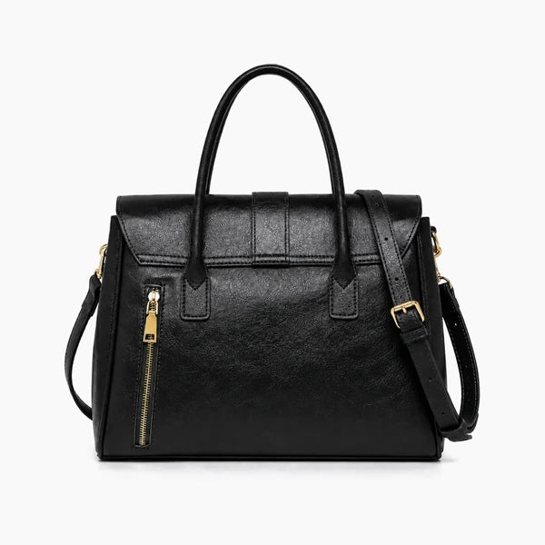 Lévoria Genuine Leather Satchel Bag in black, back view of the leather with a zip pocket and detachable shoulder strap