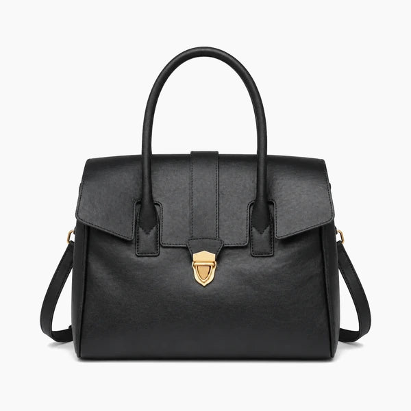 Lévoria Genuine Leather Satchel Bag in black, front view with dual top handles, a front flap and a gold-tone shield clasp